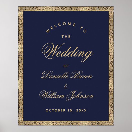 ネイビーブルー金ゴールドバラがサイン結婚へようこそ ポスター (正面)