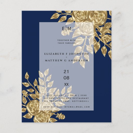 ネイビーブルー金ゴールドバラメタリック結婚式招待状 (正面)