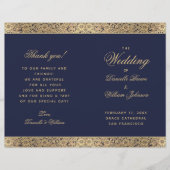 ネイビーブルー金ゴールドバラヴィンテージ折り畳み結婚式 プログラム (正面)