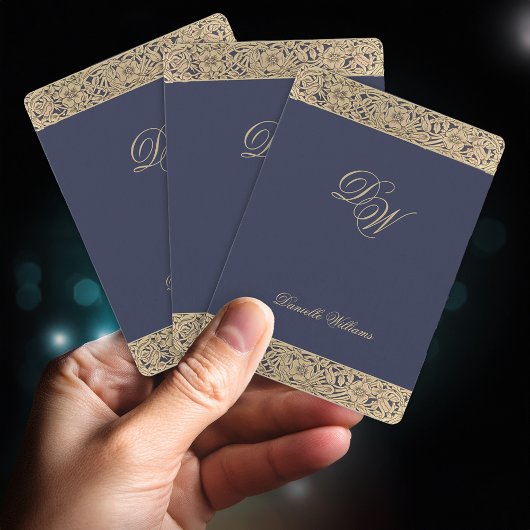 ネイビーブルー金ゴールドバラヴィンテージ2イニシャルモノグラム トランプ