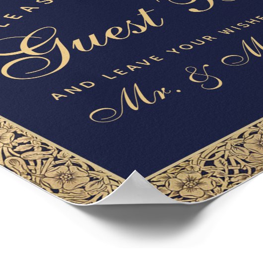 ネイビーブルー金ゴールドバラ結婚ズのサイン私たちのゲストブック ポスター (角)