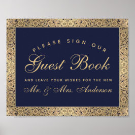 ネイビーブルー金ゴールドバラ結婚ズのサイン私たちのゲストブック ポスター