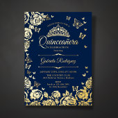 ネイビーブルー金ゴールドバラ蝶キンセアニェラ 箔招待状