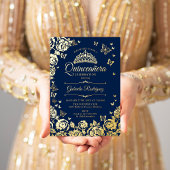 ネイビーブルー金ゴールドバラ蝶キンセアニェラ 箔招待状