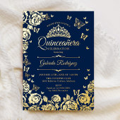ネイビーブルー金ゴールドバラ蝶キンセアニェラ 箔招待状