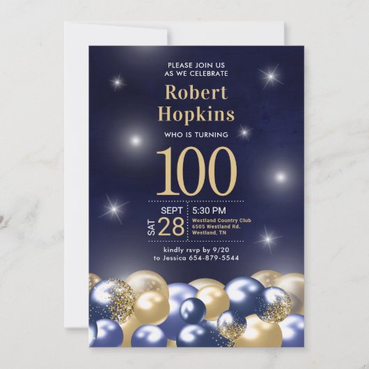 ネイビーブルー金ゴールドバルーン写真100誕生日 招待状 (正面)