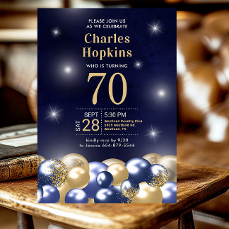 ネイビーブルー金ゴールドバルーン写真70th誕生日パーティー 招待状