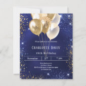 ネイビーブルー金ゴールドバルーン誕生日の招待 (正面)