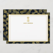 ネイビーブルー金ゴールドパイナップルパターンモノグラム ノートカード (正面/裏面)