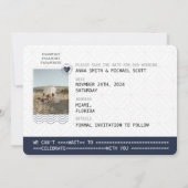 ネイビーブルー金ゴールドパスポート宛先ウェディングフォト セーブザデート (裏面)