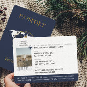 ネイビーブルー金ゴールドパスポート宛先ウェディングフォト 招待状