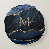 ネイビーブルー金ゴールドパーソナライズされた大理石丸ピロー ラウンドクッション (裏面)