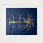 ネイビーブルー金ゴールドパームツリービーチ結婚式背景 タペストリー (正面(横))