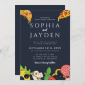 ネイビーブルー金ゴールドピザシモダンッミニマルチ 招待状 (正面/裏面)