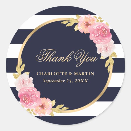 ネイビーブルー金ゴールドピンクフローラ結婚ズサンキュー ラウンドシール (正面)