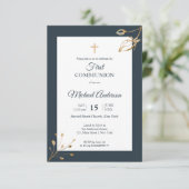 ネイビーブルー金ゴールドファーストコミュニオン宗教イベント 招待状 (スタンド正面)