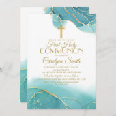 ネイビーブルー金ゴールドファーストホーリーコミュニオン招待状 招待状 (正面/裏面)