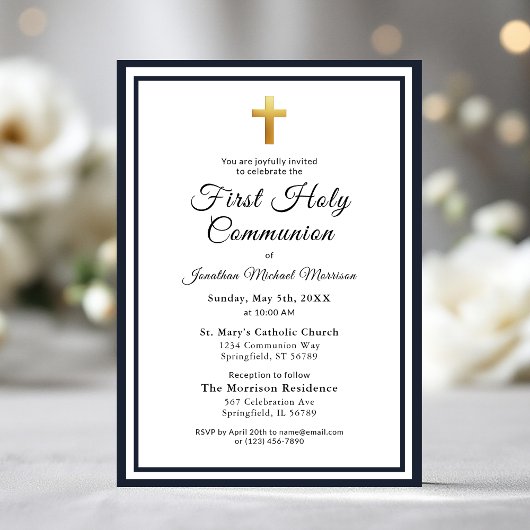 ネイビーブルー金ゴールドファースト聖体拝領ボーイズ 招待状