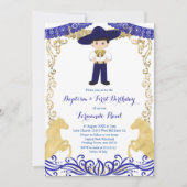 ネイビーブルー金ゴールドフィエスタボーイバプテスマ誕生日 招待状 (正面)