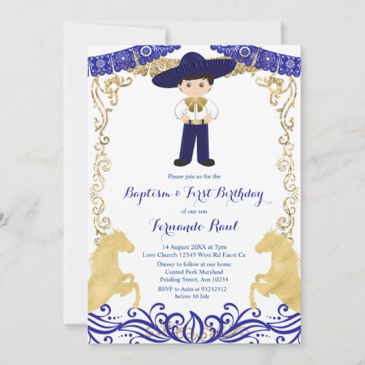 ネイビーブルー金ゴールドフィエスタボーイバプテスマ誕生日 招待状 (正面)