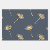 ネイビーブルー金ゴールドフェイクグリッタータンデリオン花 ラッピングペーパーシート (正面)