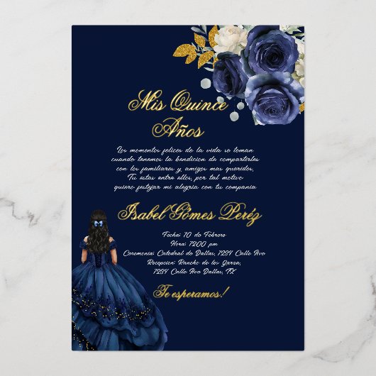 ネイビーブルー金ゴールドフォイルキンセアニラ 箔招待状 (正面)