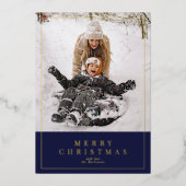 ネイビーブルー金ゴールドフォイルMerry Christmas family photo 箔シーズンカード (正面)