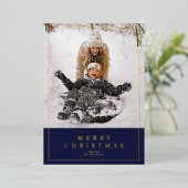 ネイビーブルー金ゴールドフォイルMerry Christmas family photo 箔シーズンカード (立ち正面)