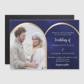 ネイビーブルー金ゴールドフォトアー結婚チ マグネット招待状 (正面/裏面)