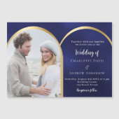 ネイビーブルー金ゴールドフォトアー結婚チ マグネット招待状 (正面)