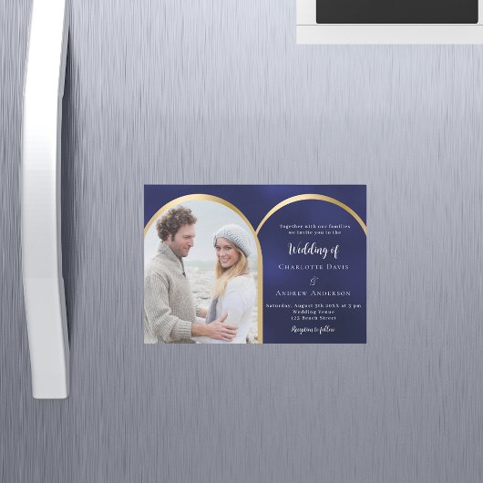 ネイビーブルー金ゴールドフォトアー結婚チ マグネット招待状