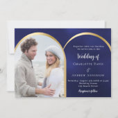 ネイビーブルー金ゴールドフォトアー結婚チ 招待状 (正面)