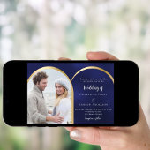 ネイビーブルー金ゴールドフォトアー結婚チ 招待状