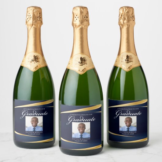 ネイビーブルー金ゴールドフォーマル写真卒業パーティー スパークリングワインラベル (ボトル)