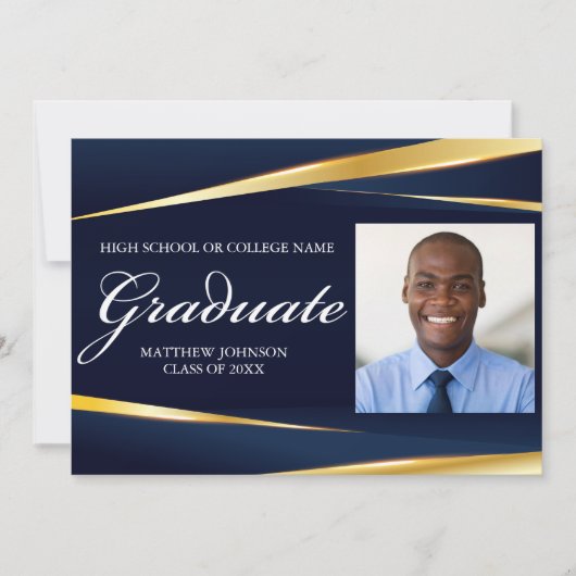 ネイビーブルー金ゴールドフォーマル写真幾何学卒業 案内状