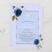 ネイビーブルー金ゴールドフラワーズボーイ1st誕生日&バプテスマ 招待状 (正面/裏面)