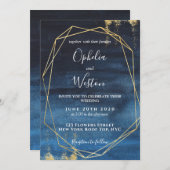 ネイビーブルー金ゴールドフレエレガントームラグジュ結婚アリーズ 招待状 (正面/裏面)