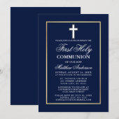 ネイビーブルー金ゴールドフレーム第1聖餐式 招待状 (正面/裏面)