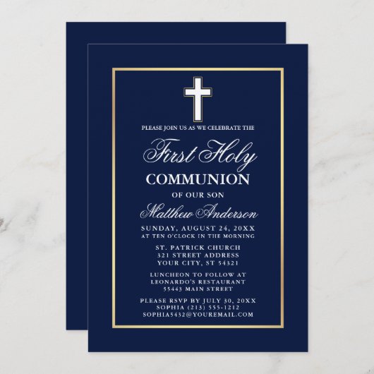 ネイビーブルー金ゴールドフレーム第1聖餐式 招待状 (正面/裏面)