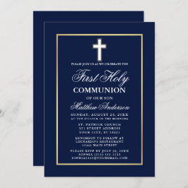 ネイビーブルー金ゴールドフレーム第1聖餐式 招待状