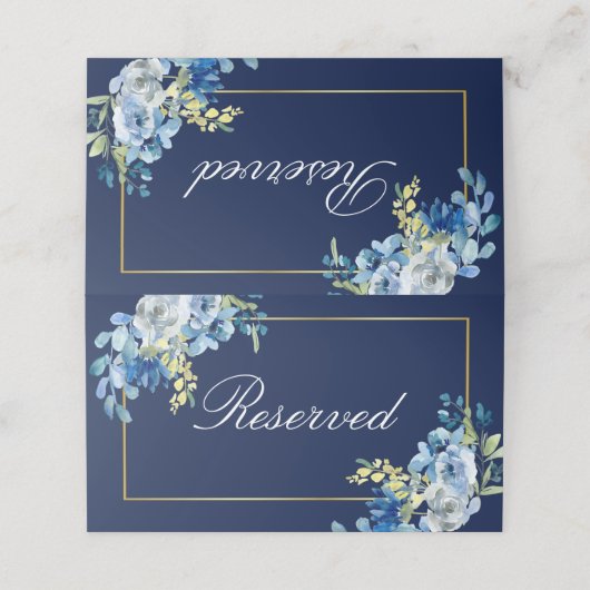 ネイビーブルー金ゴールドフローラエレガントウェディング予約 プレイスカード (外部開封)