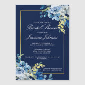 ネイビーブルー金ゴールドフローラエレガントブライダルシャワー マグネット招待状 (正面)