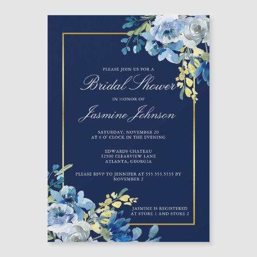 ネイビーブルー金ゴールドフローラエレガントブライダルシャワー マグネット招待状 (正面)
