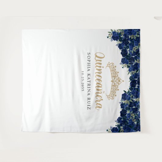 ネイビーブルー金ゴールドフローラキンセアニェラ写真背景 タペストリー (正面(横))