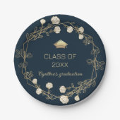 ネイビーブルー金ゴールドフローラクラス卒業紙プレート ペーパープレート (正面)