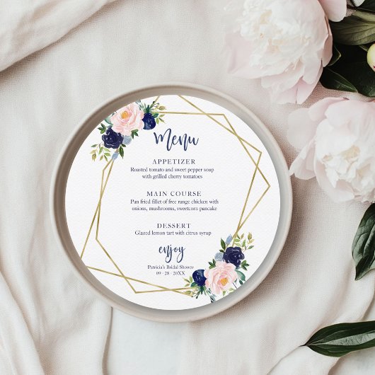 ネイビーブルー金ゴールドフローラブライダルシャワーRoundメニュー 招待状