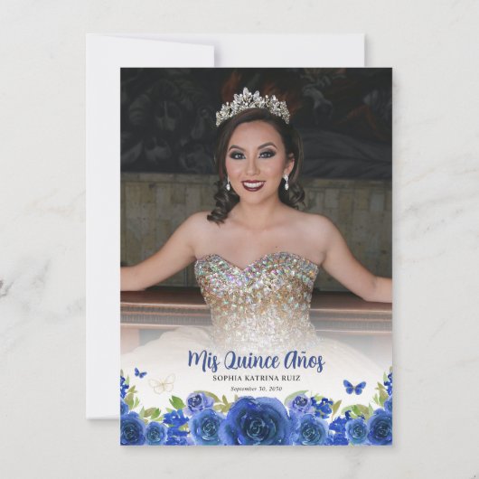 ネイビーブルー金ゴールドフローラプリンセスキンセニェラ写真 サンキューカード (裏面)