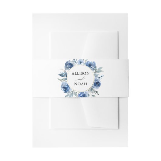 ネイビーブルー金ゴールドフローラモダン水結婚色 招待状ベリーバンド (正面例)