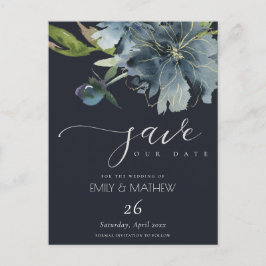 ネイビーブルー金ゴールドフローラ水彩保存日 案内ポストカード