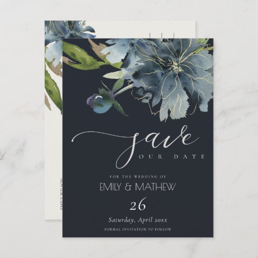 ネイビーブルー金ゴールドフローラ水彩保存日 案内ポストカード (正面/裏面)